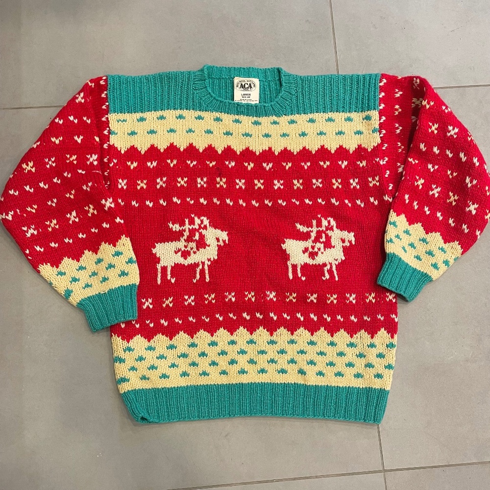 $425 ACA Wool Hand-Knitted 100% Shetland Sweater Moose, Birds. & Nature Men’s